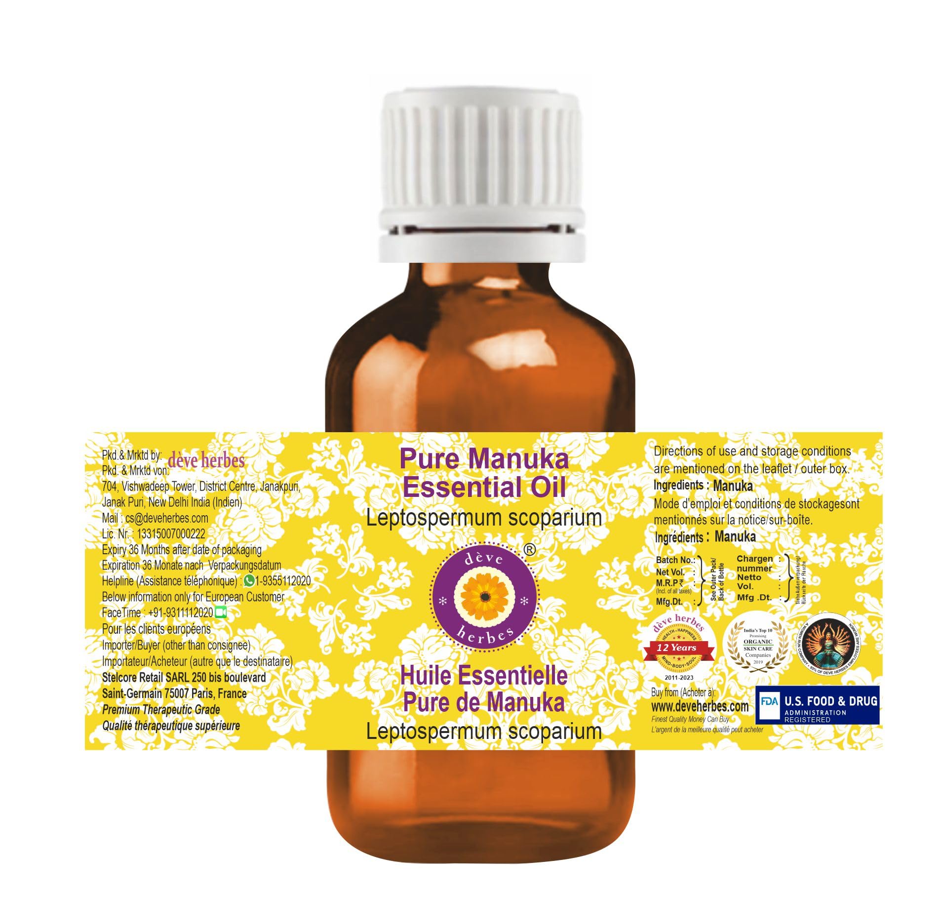 Close-up of amber bottle for dève herbes Manuka Essential Oil