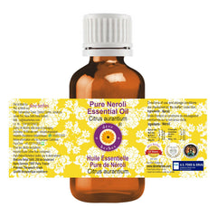 Close-up of Neroli essential oil bottle 5ml with amber glass