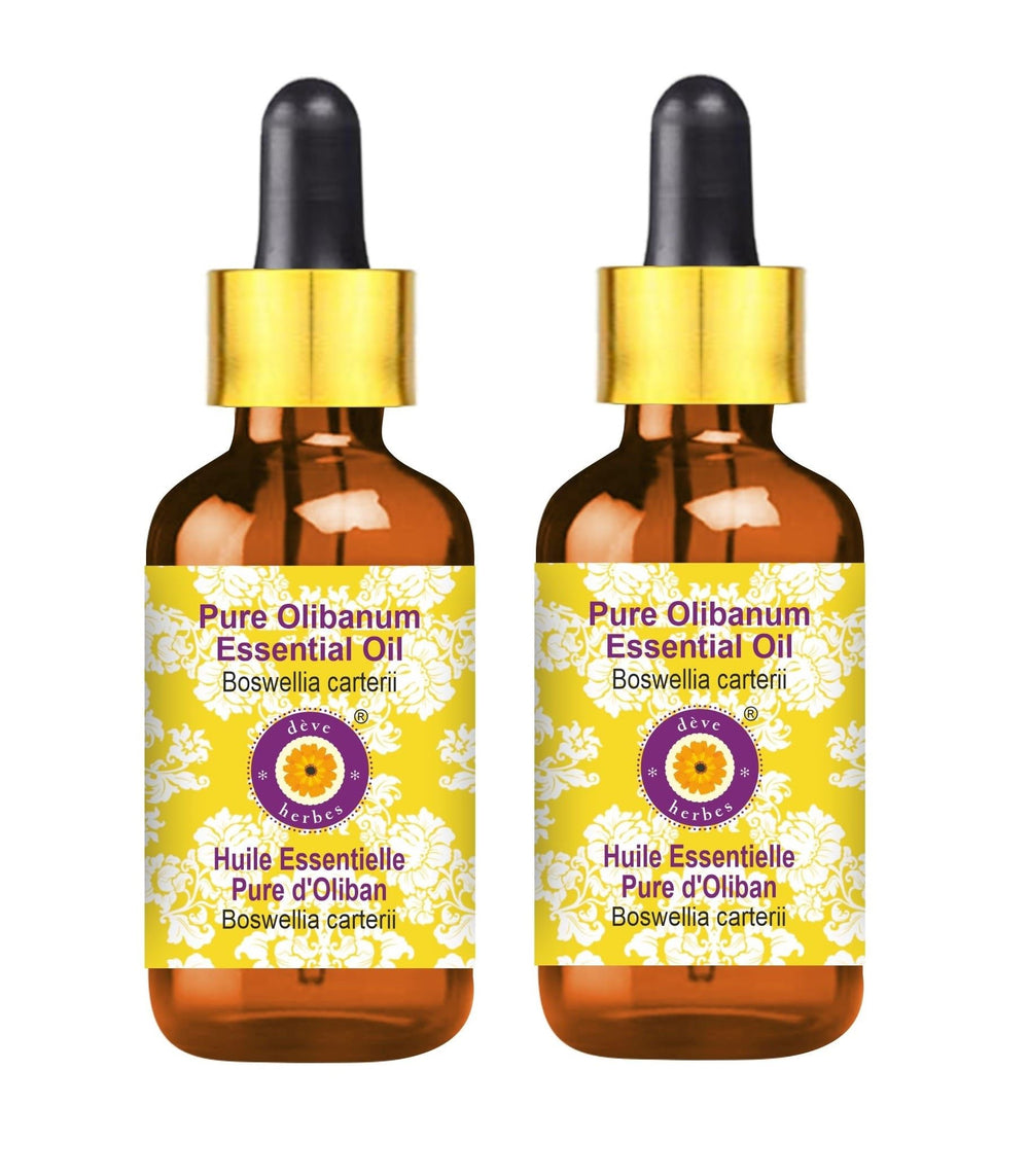 Amber glass bottle of d e8ve herbes Olibanum essential oil with two glass droppers.