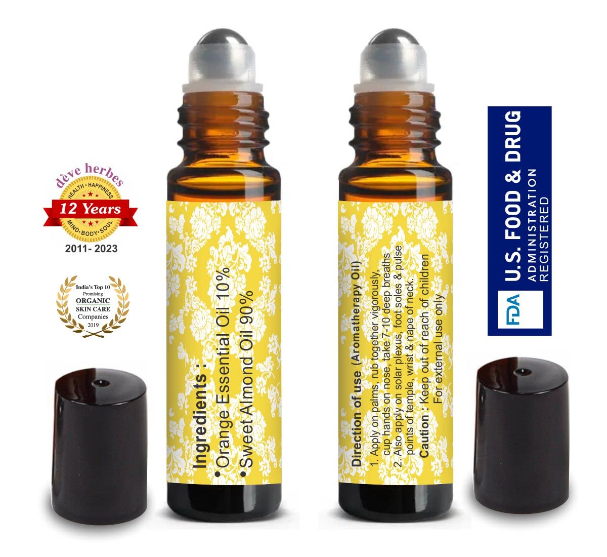 deve herbes orange essential oil roll-on bottle in hand suitable for quick applications