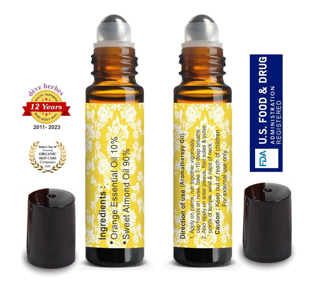 deve herbes orange essential oil roll-on bottle in hand suitable for quick applications