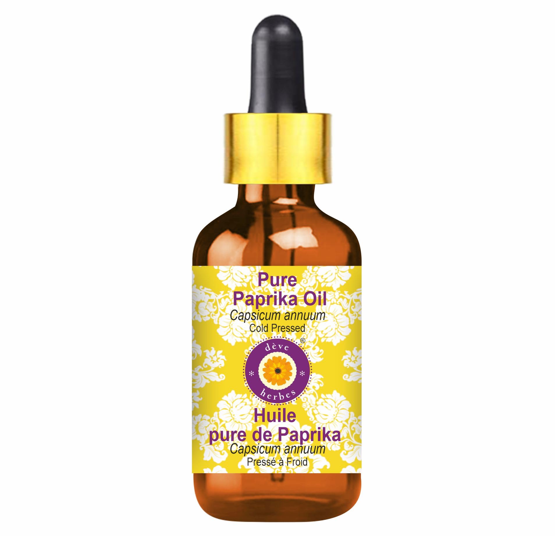 Amber glass bottle of Deve Herbes Paprika Oil with glass dropper