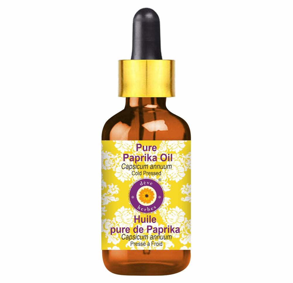 Amber glass bottle of Deve Herbes Paprika Oil with glass dropper