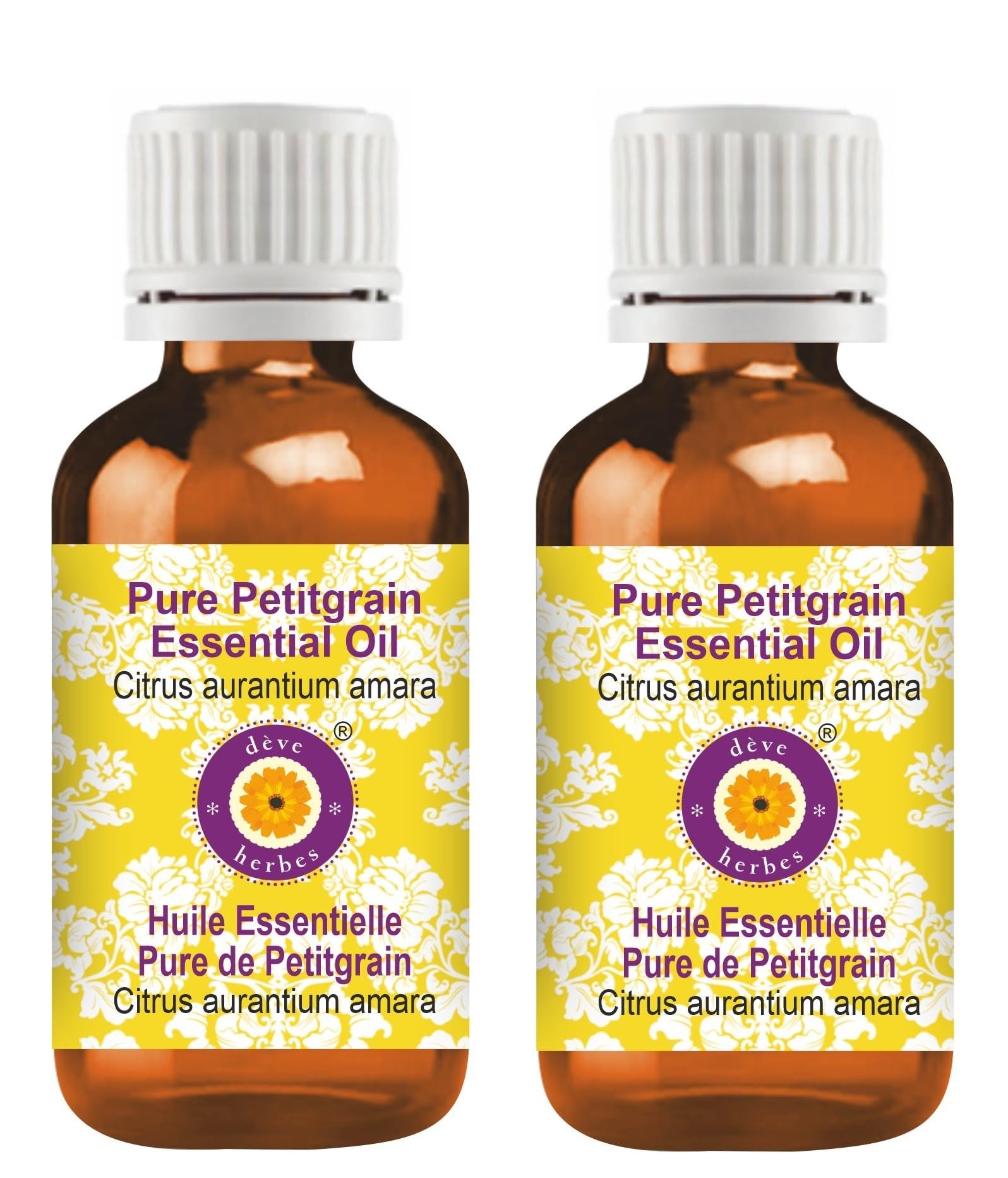 Petitgrain essential oil bottle in amber glass
