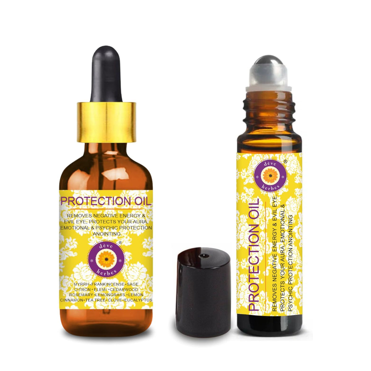 Deve Herbes Protection Oil amber glass bottle for on-the-go aura protection.