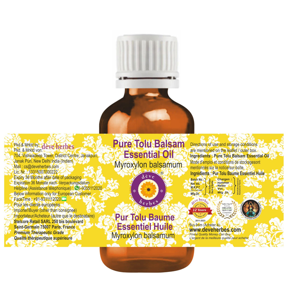 Tolu Balsam essential oil bottle close-up with label