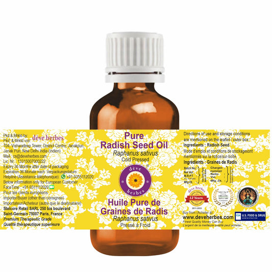 Close-up of amber 30ml bottle with Radish Seed Oil label
