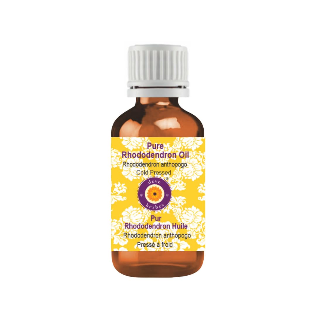 Deve Herbes Rhododendron Oil amber bottle close-up for pure skin care using carrier oil