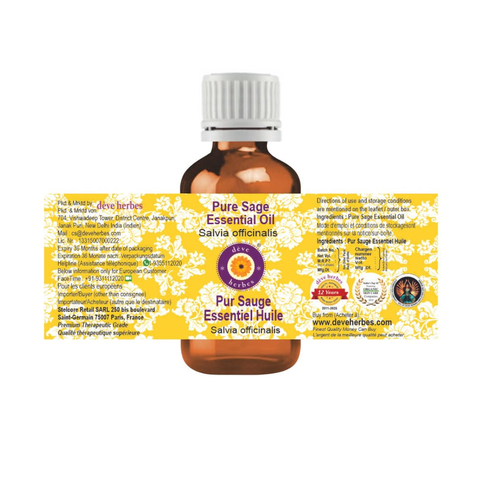 Amber bottle side view of Deve Herbes Sage Essential Oil 10ml