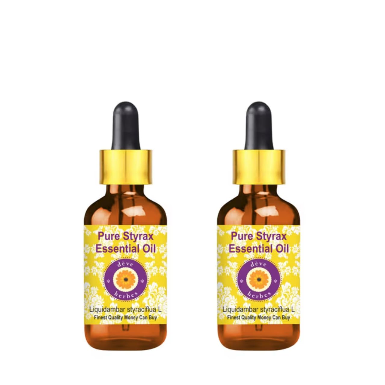 Two 5ml amber glass bottles with glass droppers from Deve Herbes Styrax Essential Oil set
