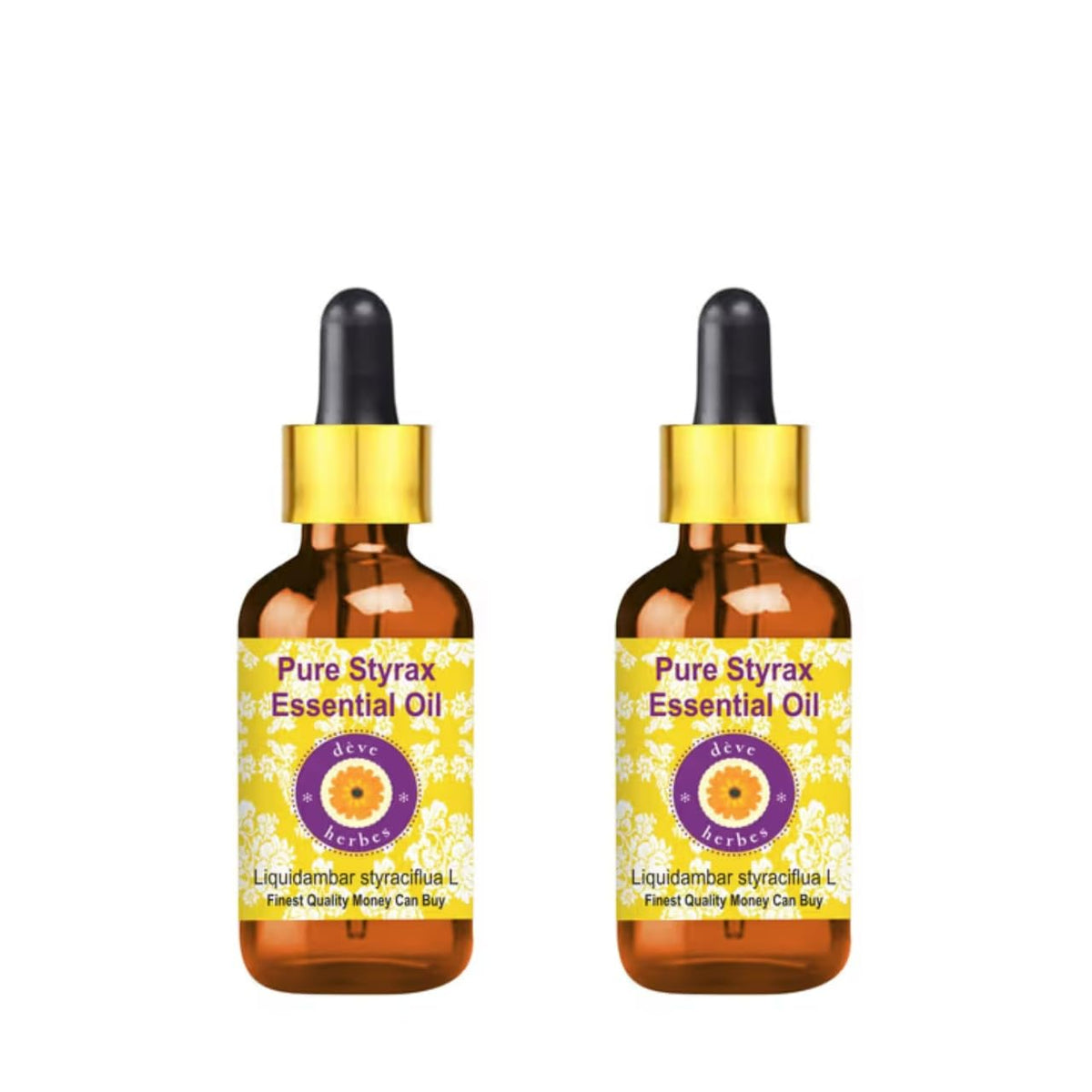 Two 5ml amber glass bottles with glass droppers from Deve Herbes Styrax Essential Oil set