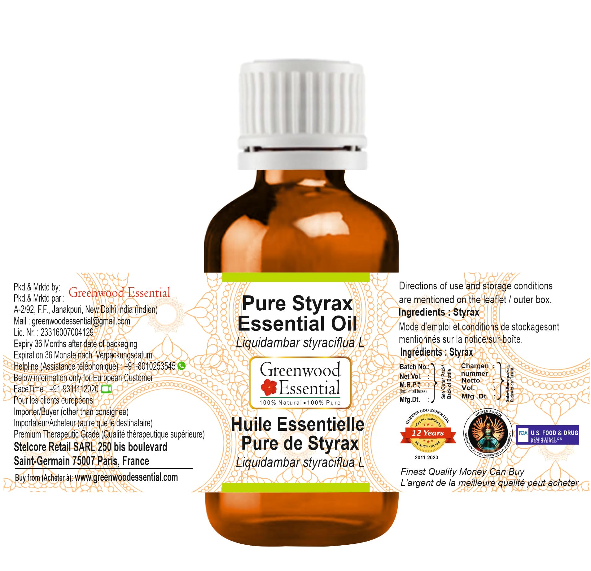 Label for Deve Herbes Styrax essential oil