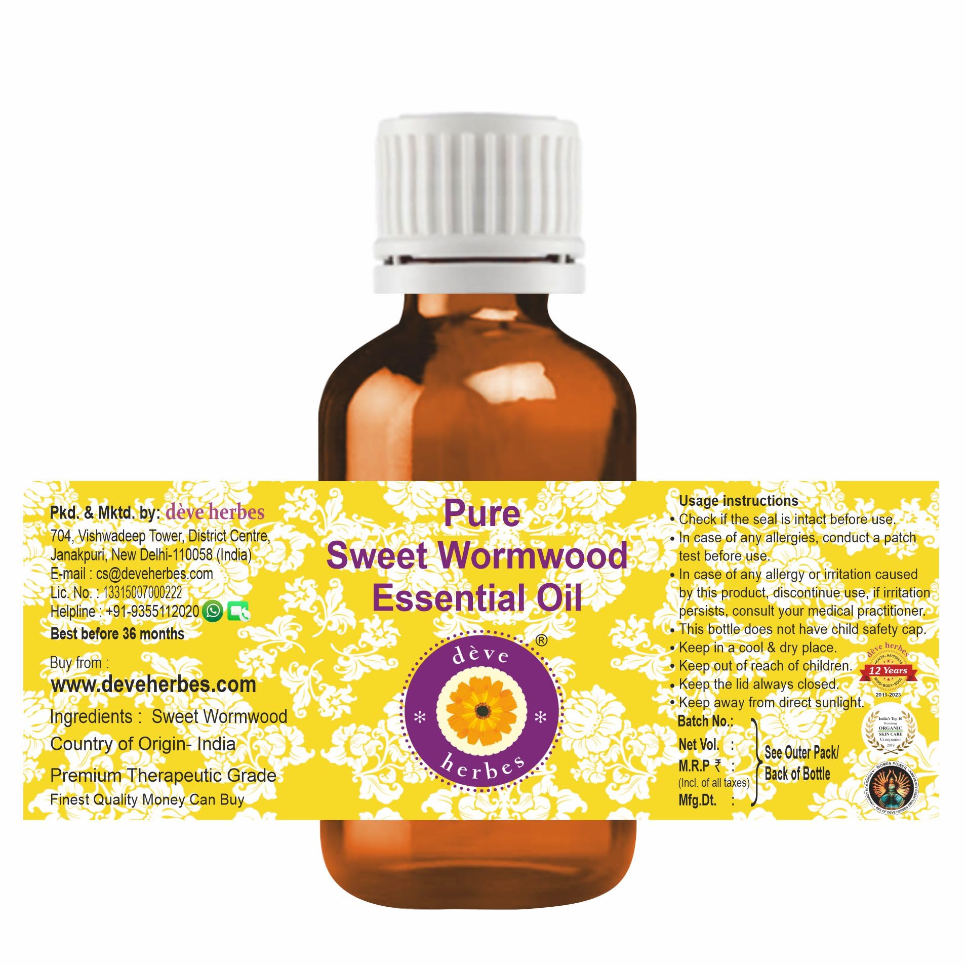 Side view of amber bottle for Sweet Wormwood essential oil 10ml