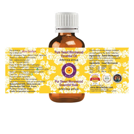 Close-up of amber bottle labeled Sweet Wormwood Essential Oil