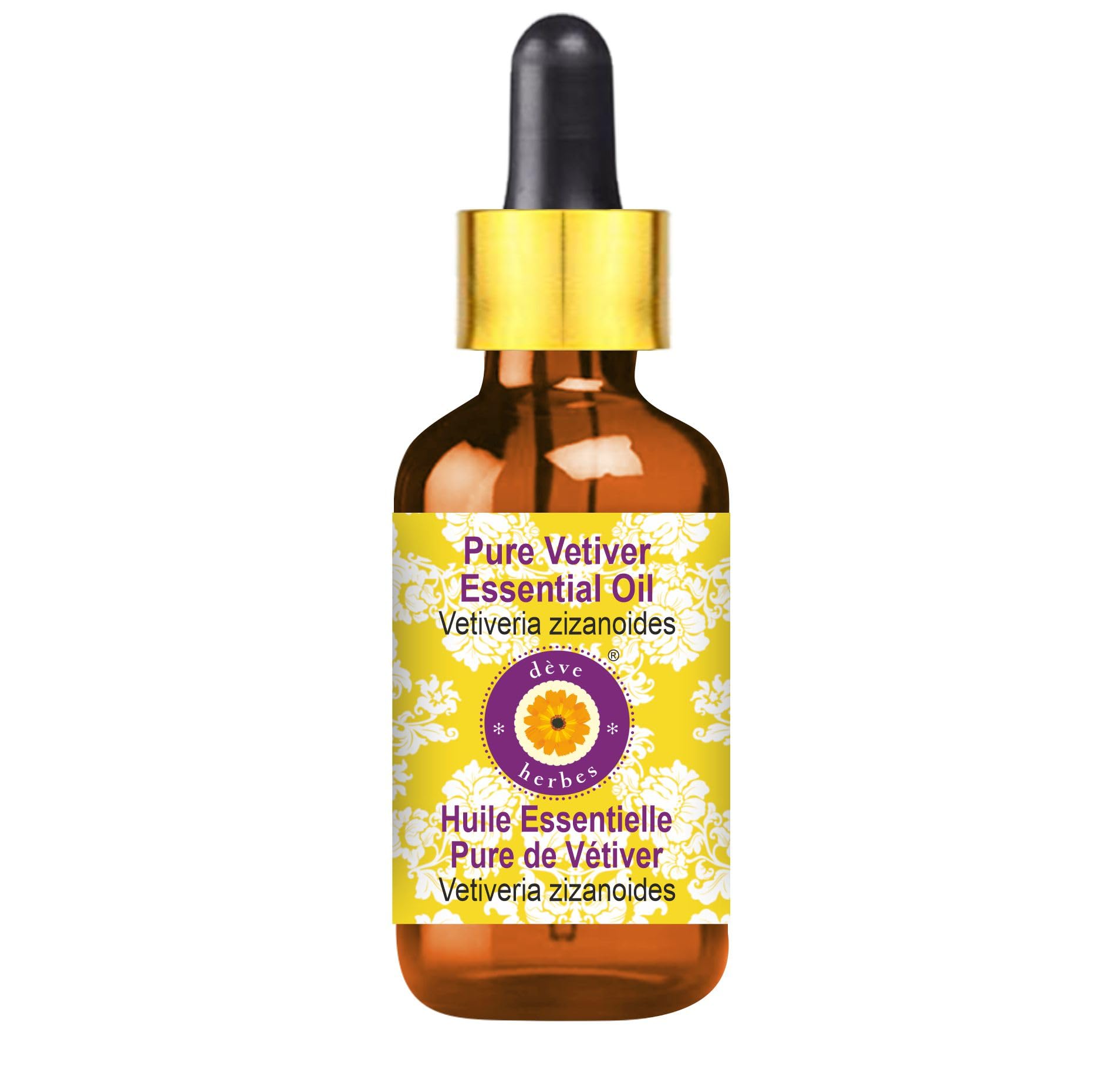 Vetiver essential oil in amber bottle with glass dropper, 30ml