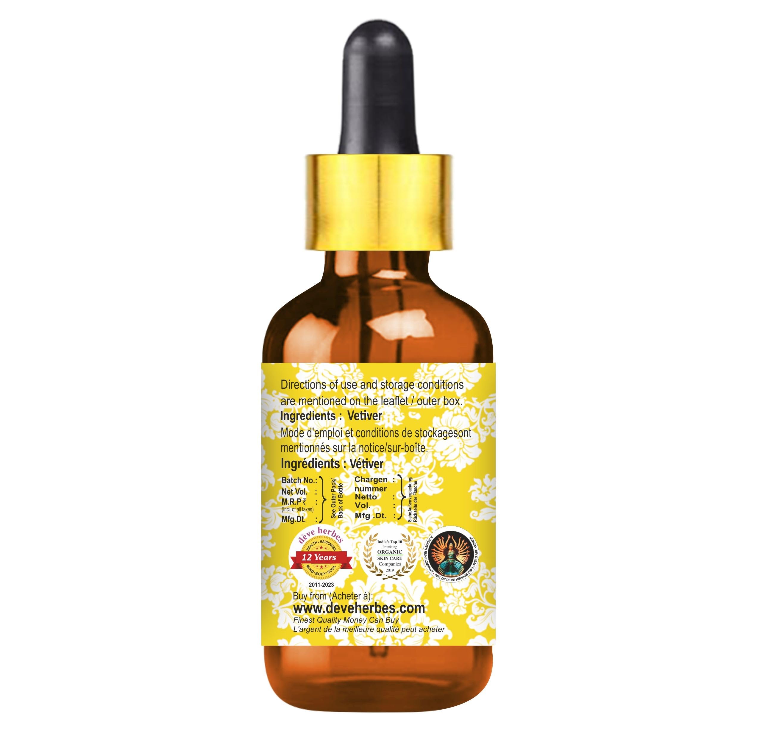 Label showing Vetiveria zizanoides steam distilled essential oil