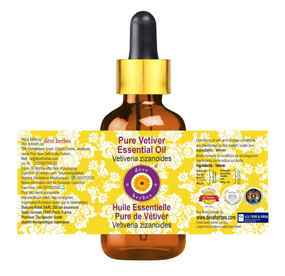 Close-up of Deve Herbes Vetiver essential oil packaging (30ml)