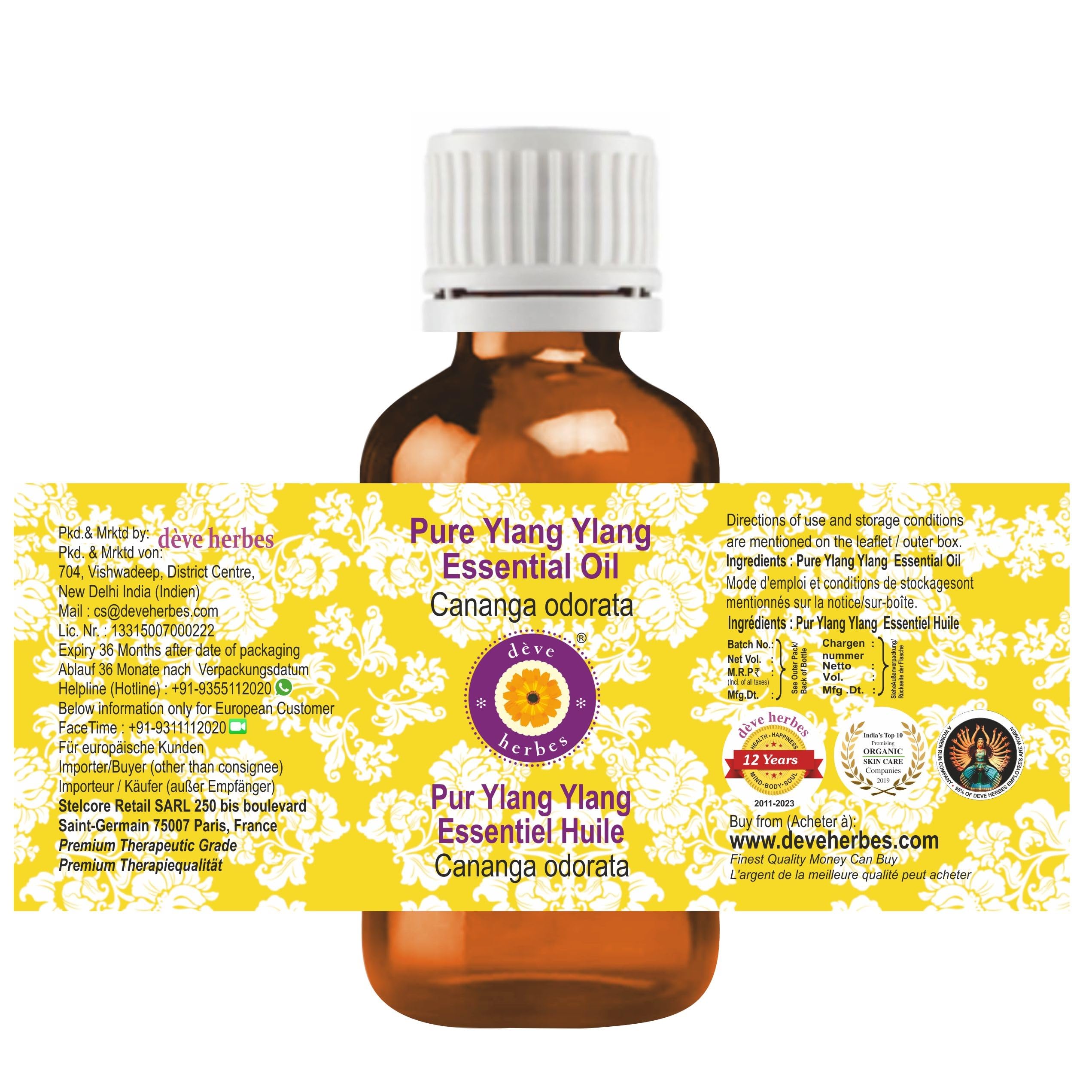 Front view of Deve Herbes Ylang Ylang essential oil bottle 30ml