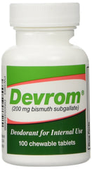 Devrom internal-deodorant tablets packaging shows bottle and label for odor control.