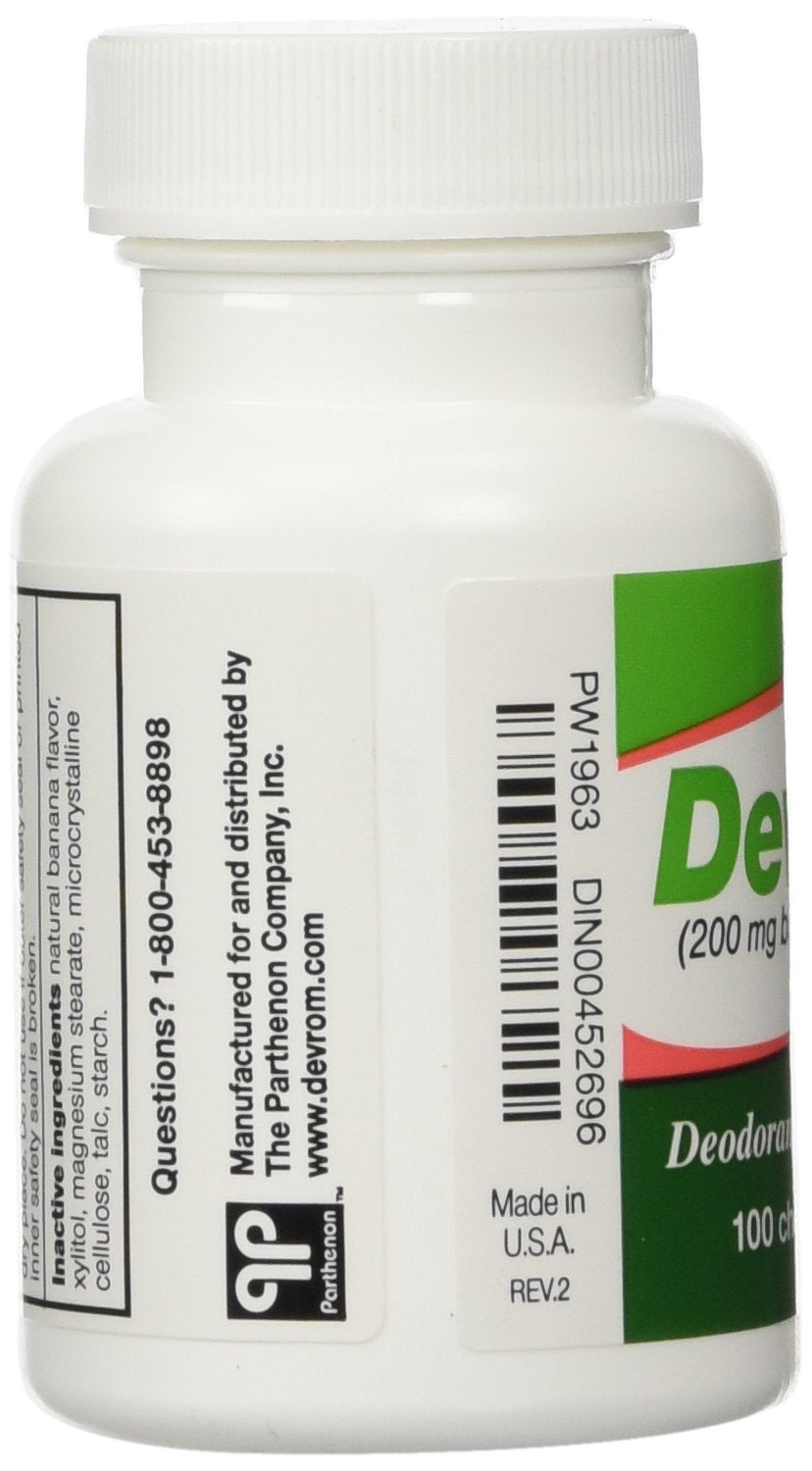 Devrom tablets use graphic shows discreet odor management before meals.