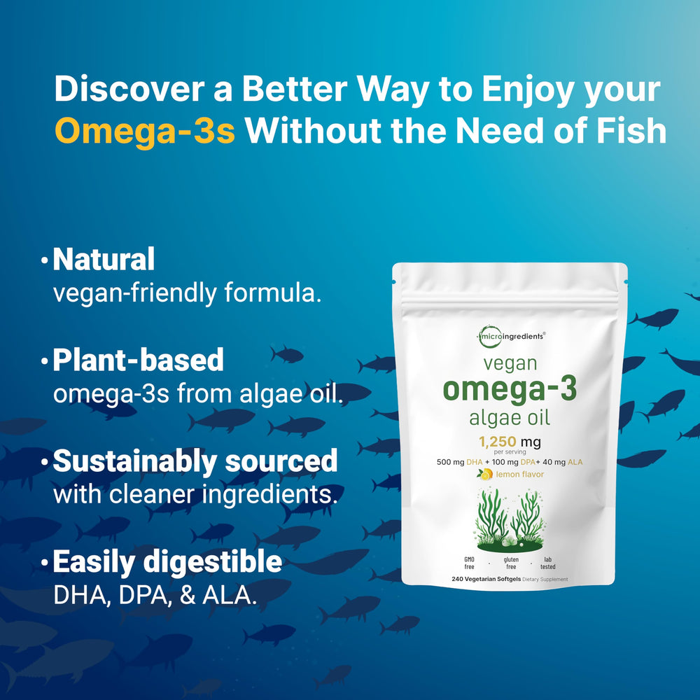 Nutrition facts highlighting 1250 mg algal oil per 3 softgels with 500 mg DHA and 100 mg DPA