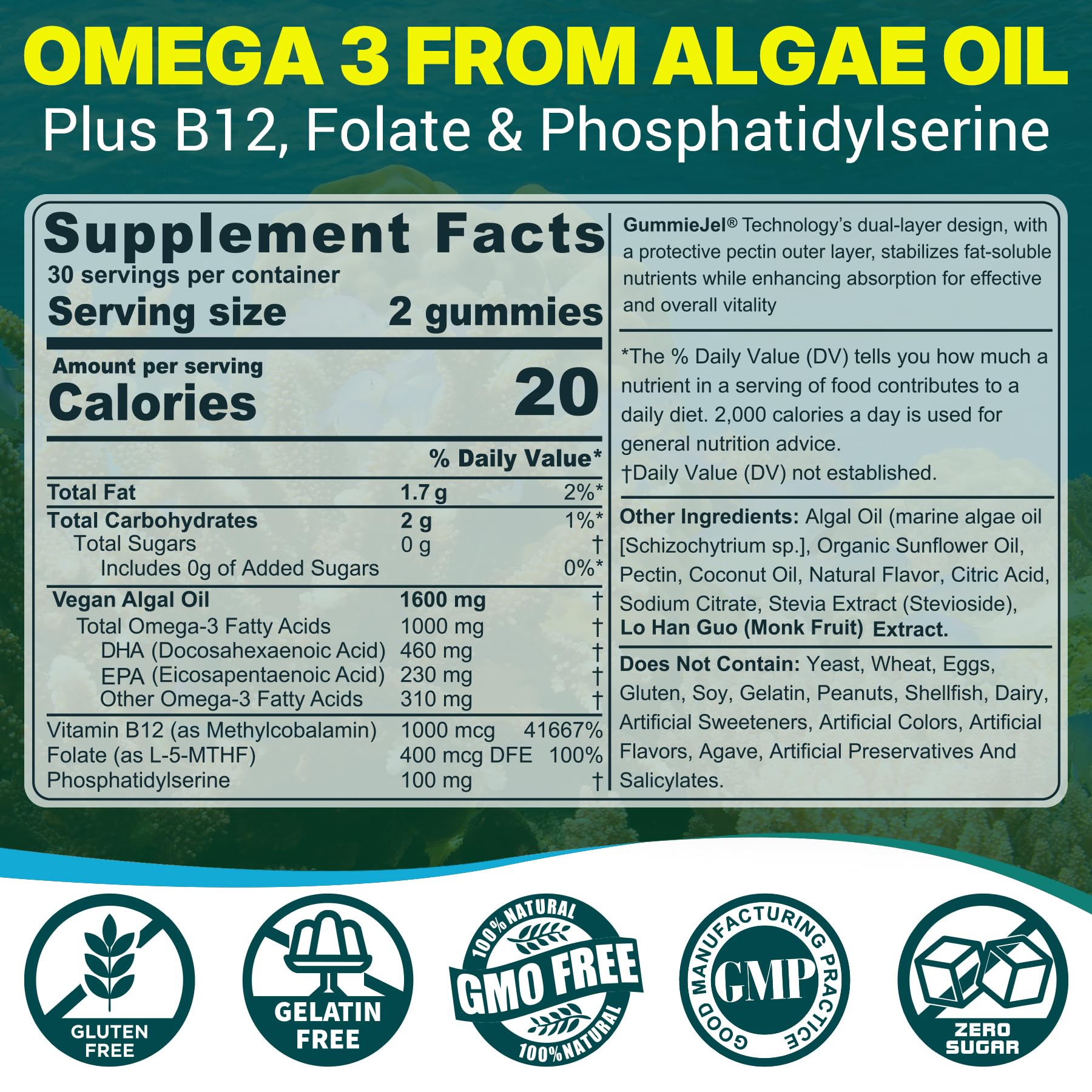 Close-up of label showing 460mg DHA and 230mg EPA per serving