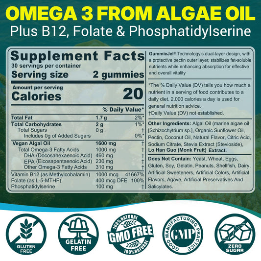 Close-up of label showing 460mg DHA and 230mg EPA per serving