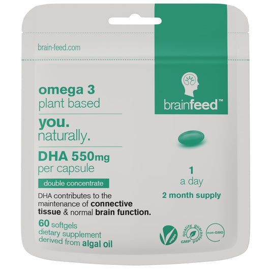 Double concentrate DHA capsule showing 550mg DHA per capsule (1-a-day)