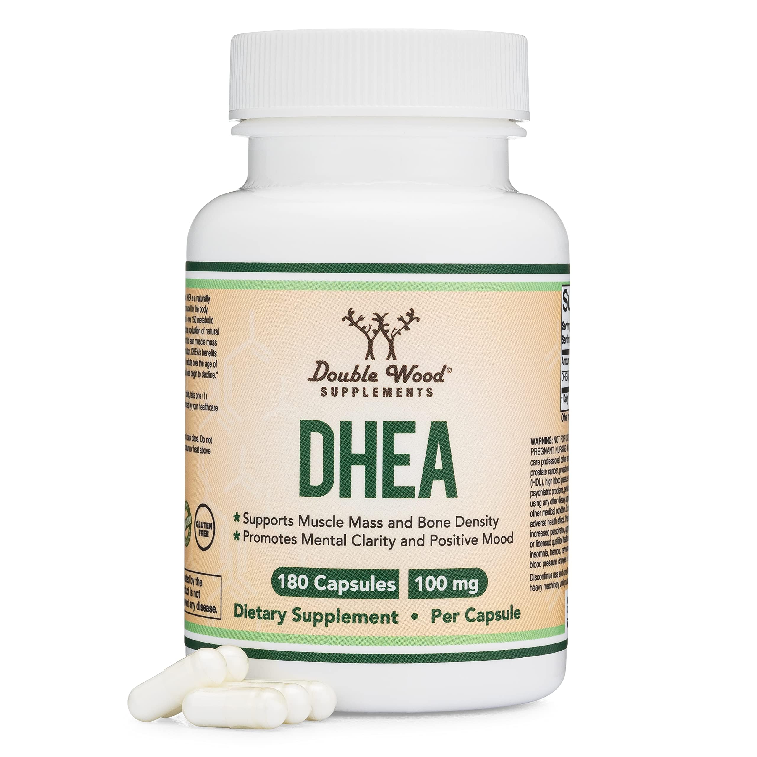 Bottle front view of DHEA 100mg 180-capsule bottle