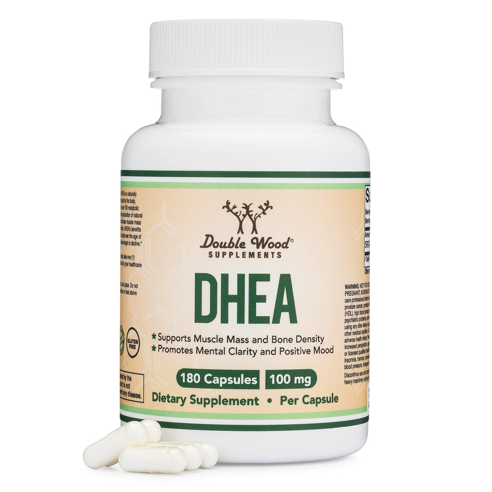 Bottle front view of DHEA 100mg 180-capsule bottle