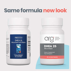 Close-up of DHEA 25mg scored tablets with micronized lipid matrix