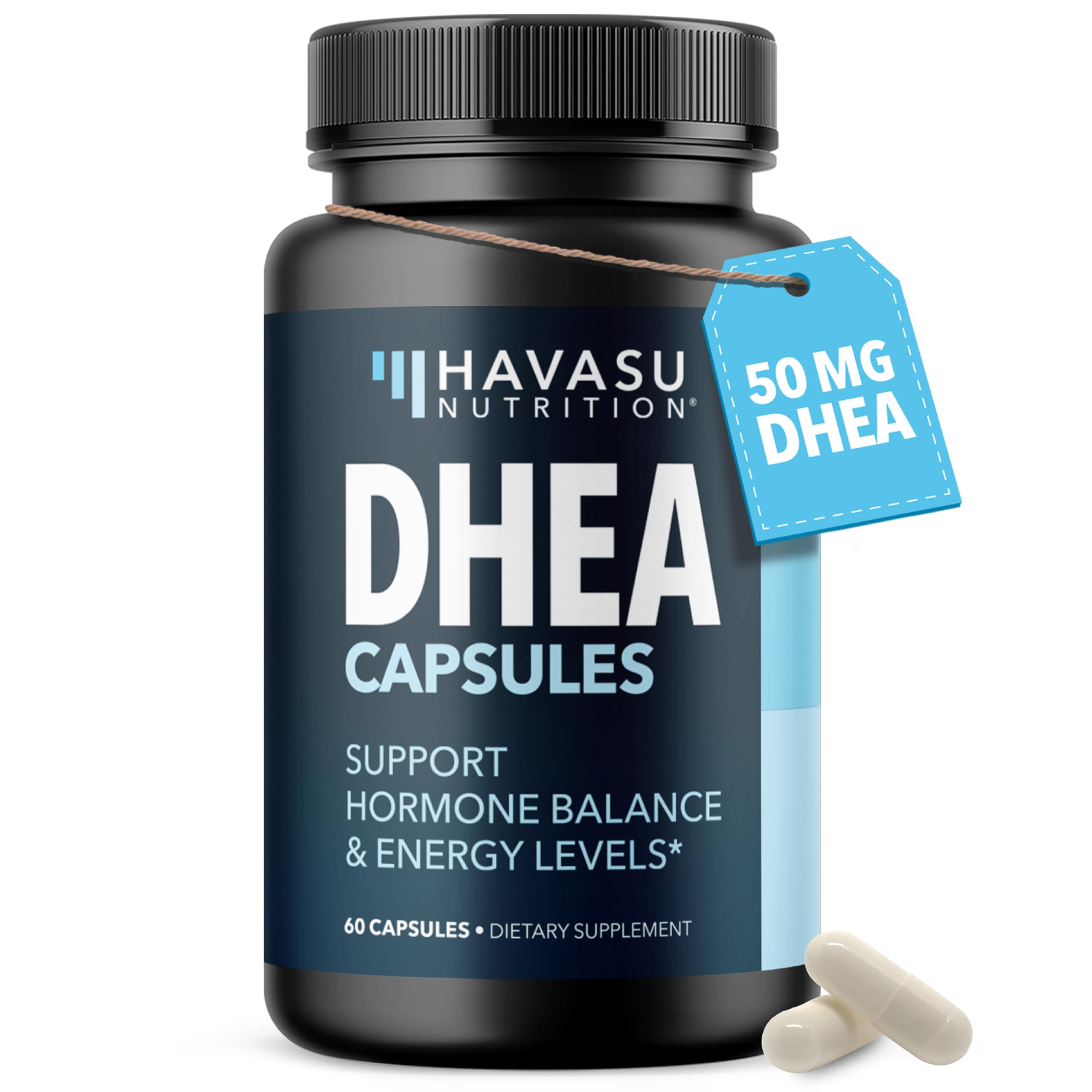 DHEA 50mg supplement bottle on white background
