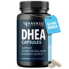 DHEA 50mg supplement bottle on white background