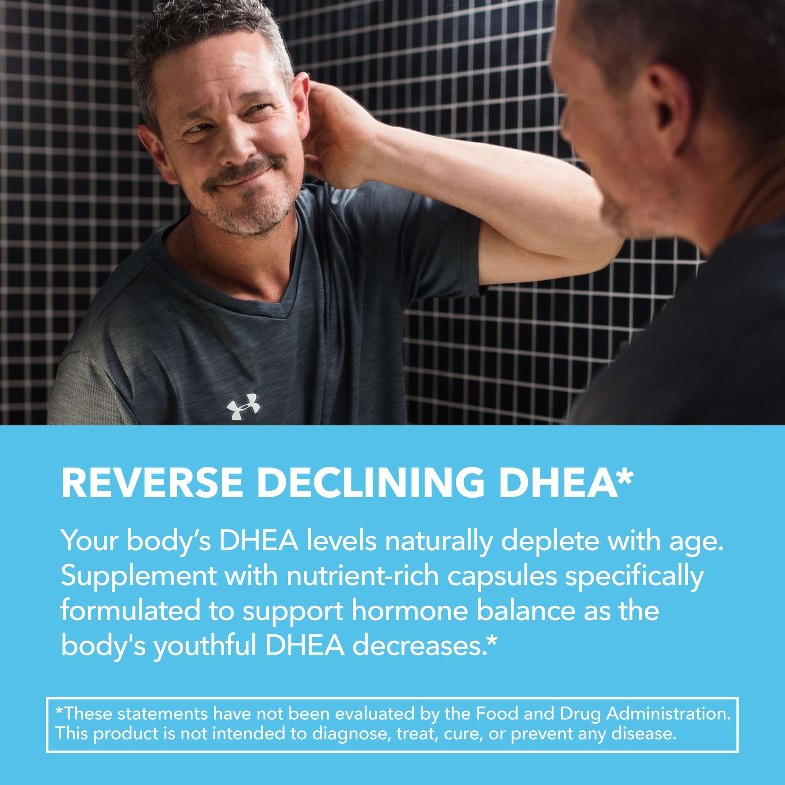Close-up of DHEA 50mg bottle label showing ingredients and claims