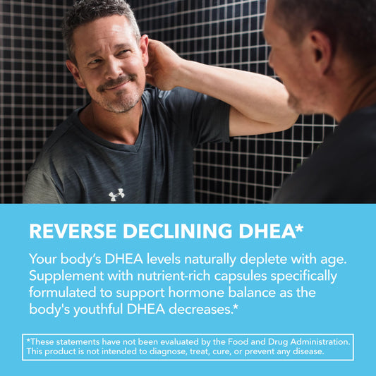 Close-up of DHEA 50mg bottle label showing ingredients and claims