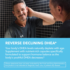 Close-up of DHEA 50mg bottle label showing ingredients and claims