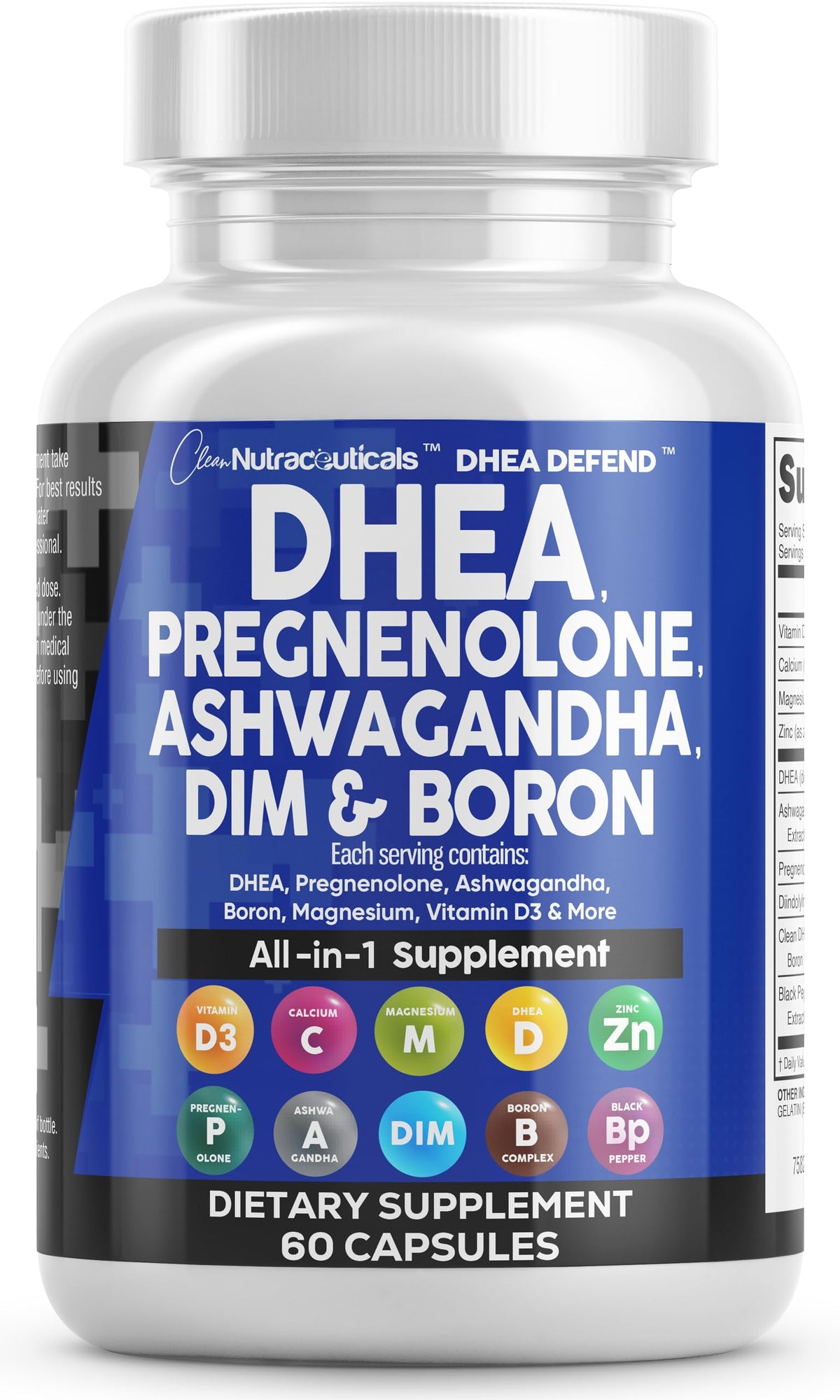 Front label of DHEA 200mg + Pregnenolone 100mg supplement bottle