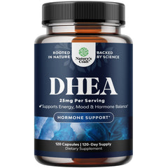 DHEA 25mg supplement bottle for men and women, 120 capsules