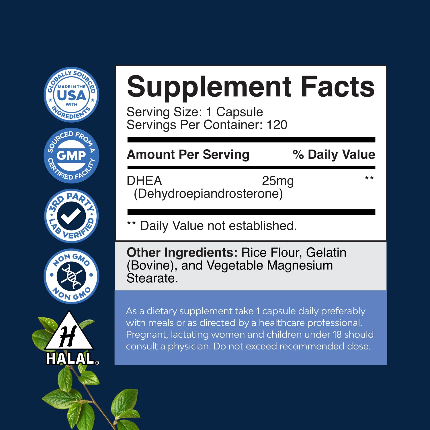 DHEA 25mg bottle label showing dosage and ingredients
