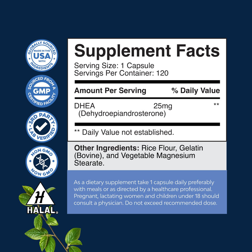 DHEA 25mg bottle label showing dosage and ingredients