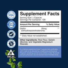 DHEA 25mg bottle label showing dosage and ingredients