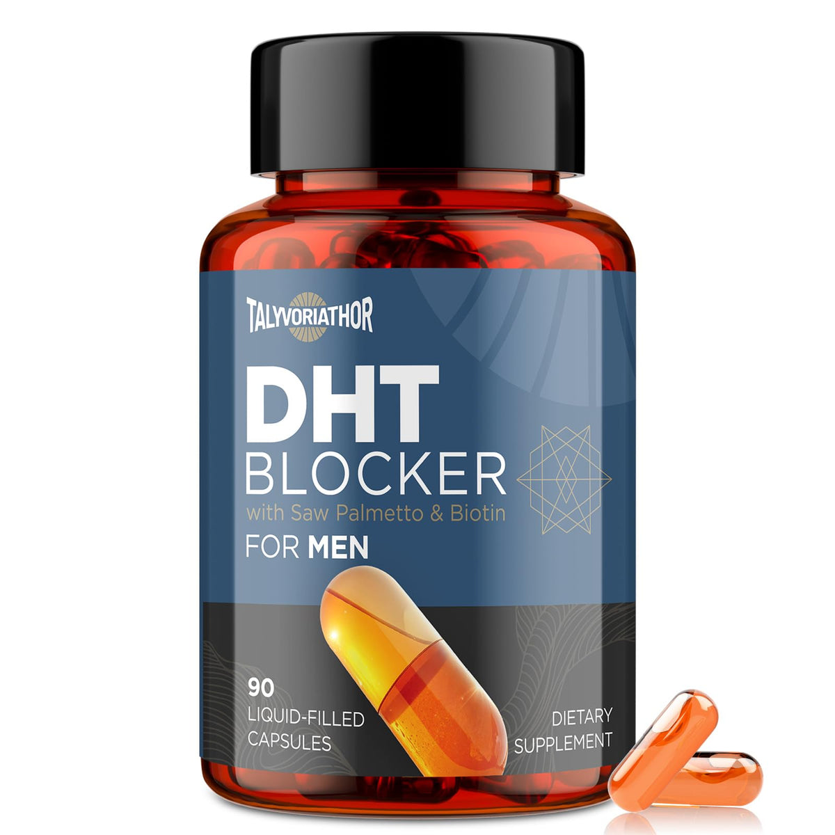 Front view of DHT Blocker for Men bottle containing 90 liquid-filled capsules.
