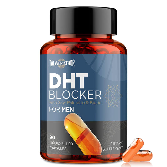 Front view of DHT Blocker for Men bottle containing 90 liquid-filled capsules.