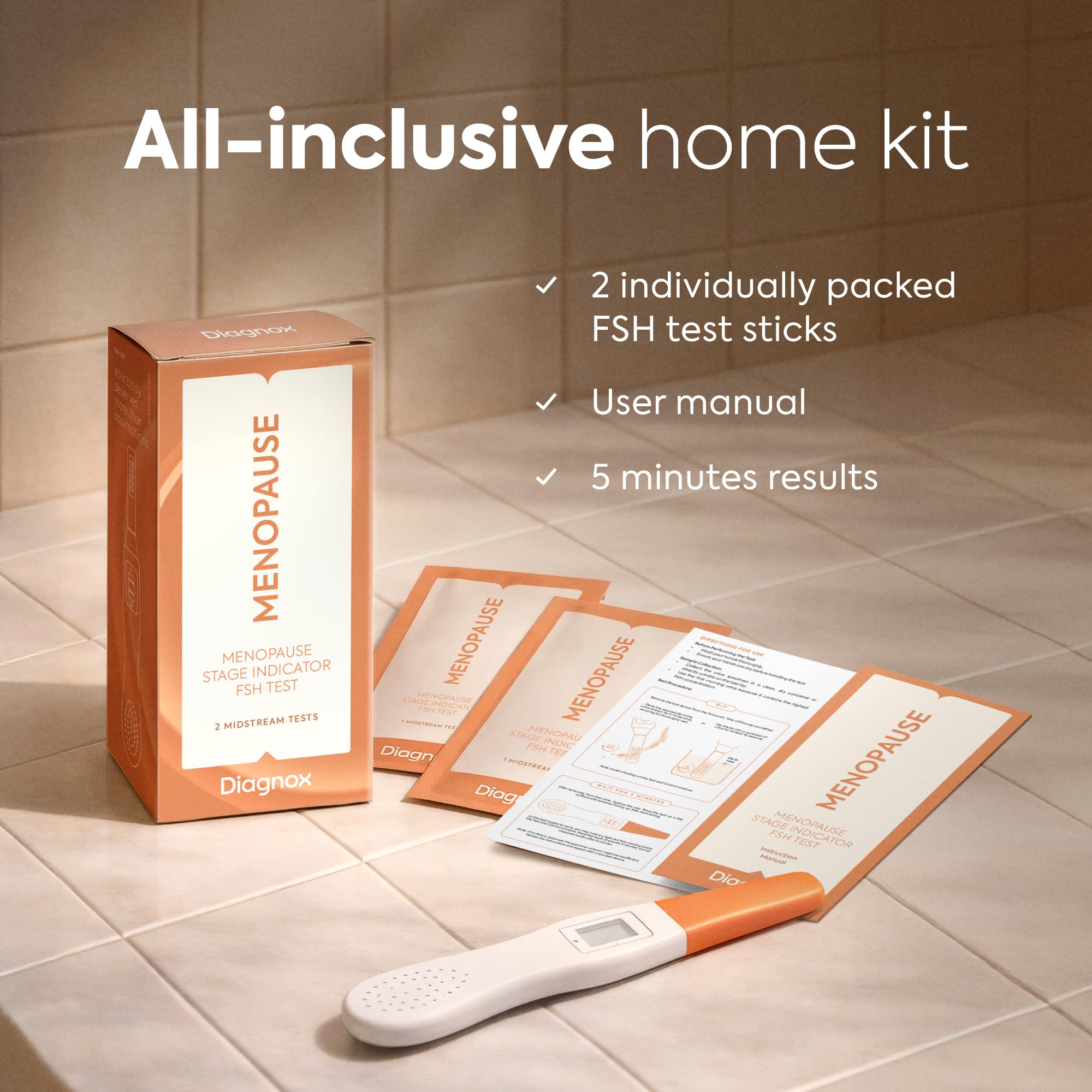 Diagnox Health test strip in urine stream demonstrating simple at-home use.