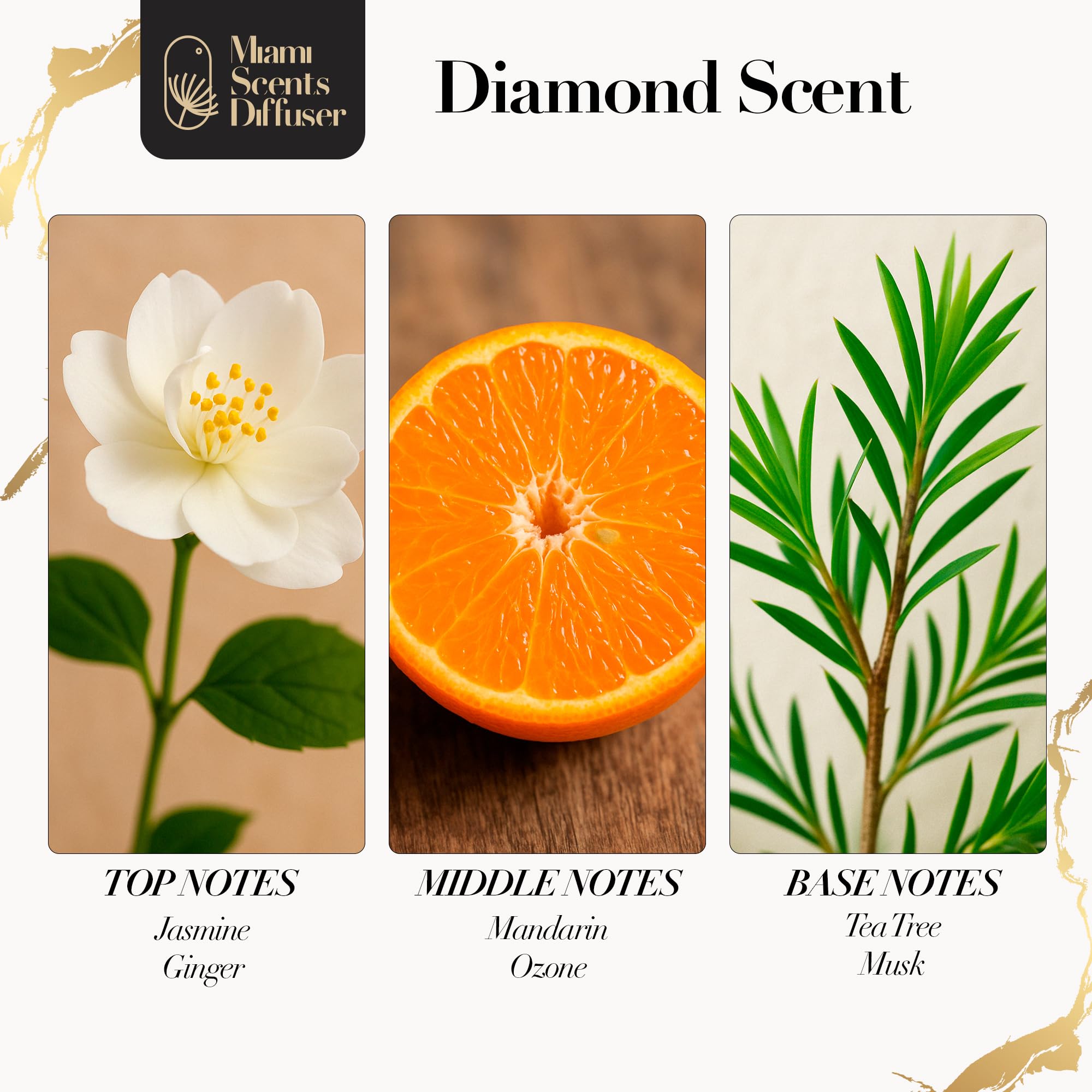Jasmine, mandarin, tea tree, and ginger essential oils for aromatherapy