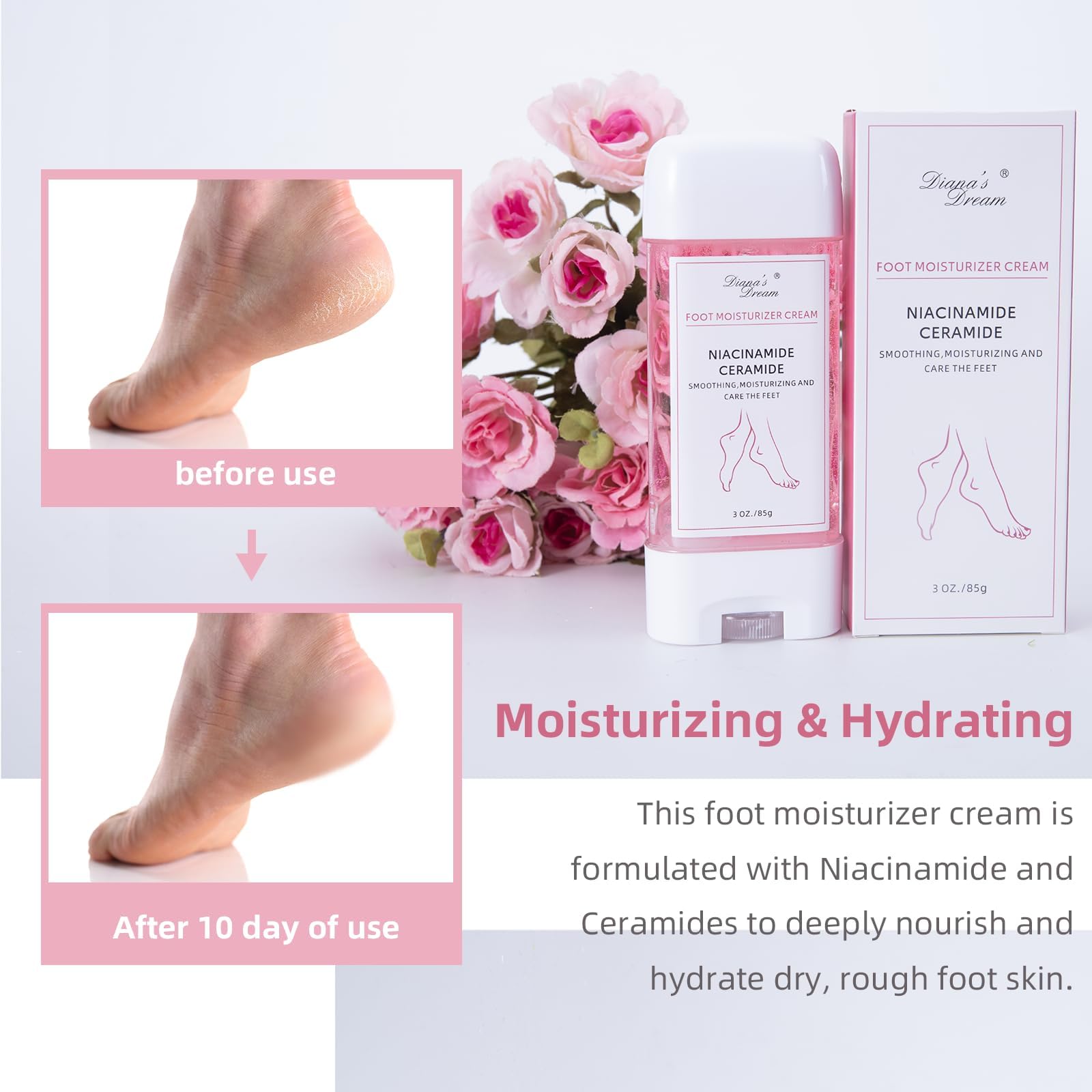 DIANA'S DREAM Aloe Chamomile Peony extracts provide soothing plant-based care for tired feet.