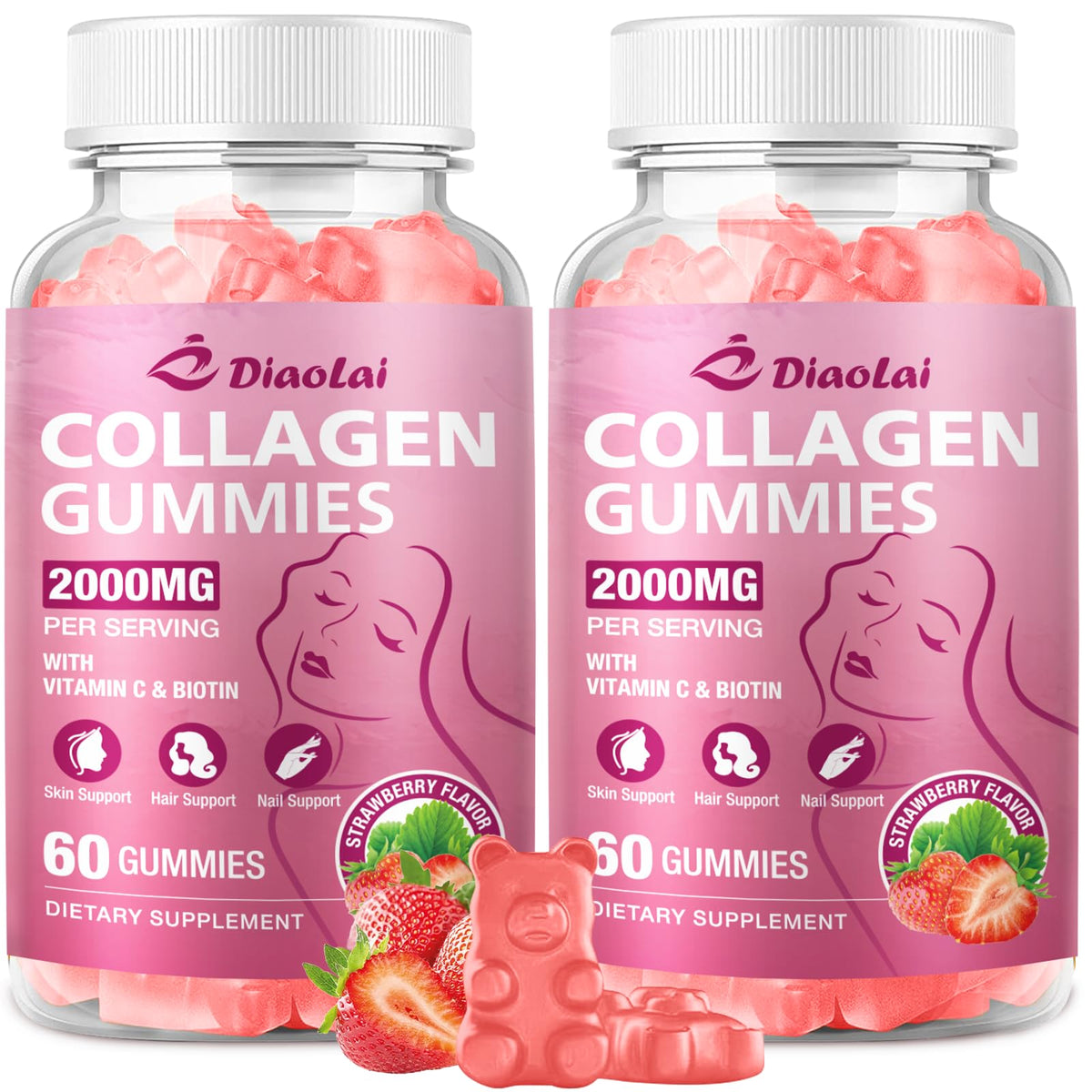DIAOLAI Strawberry flavor sugar-free multi collagen gummies bottle front