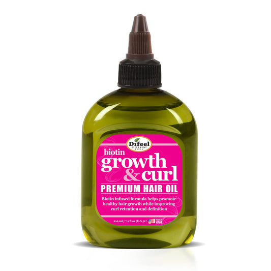 Difeel Biotin Growth & Curl Oil bottle for defined curls and shine.