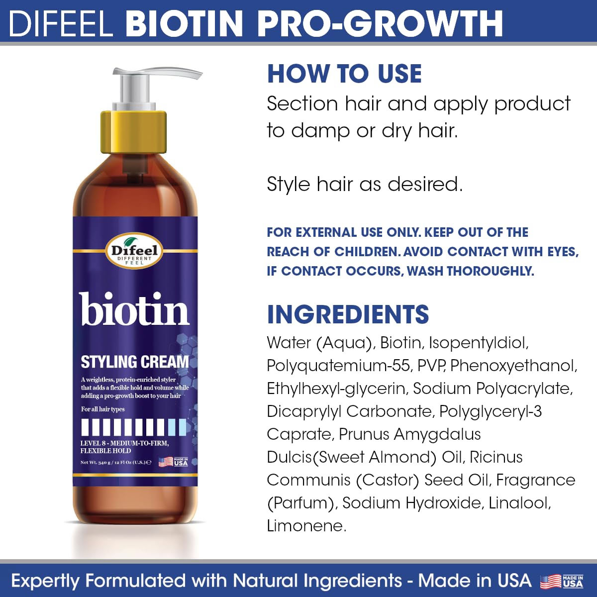 Sleek finish and shine from Difeel Biotin Styling Cream.