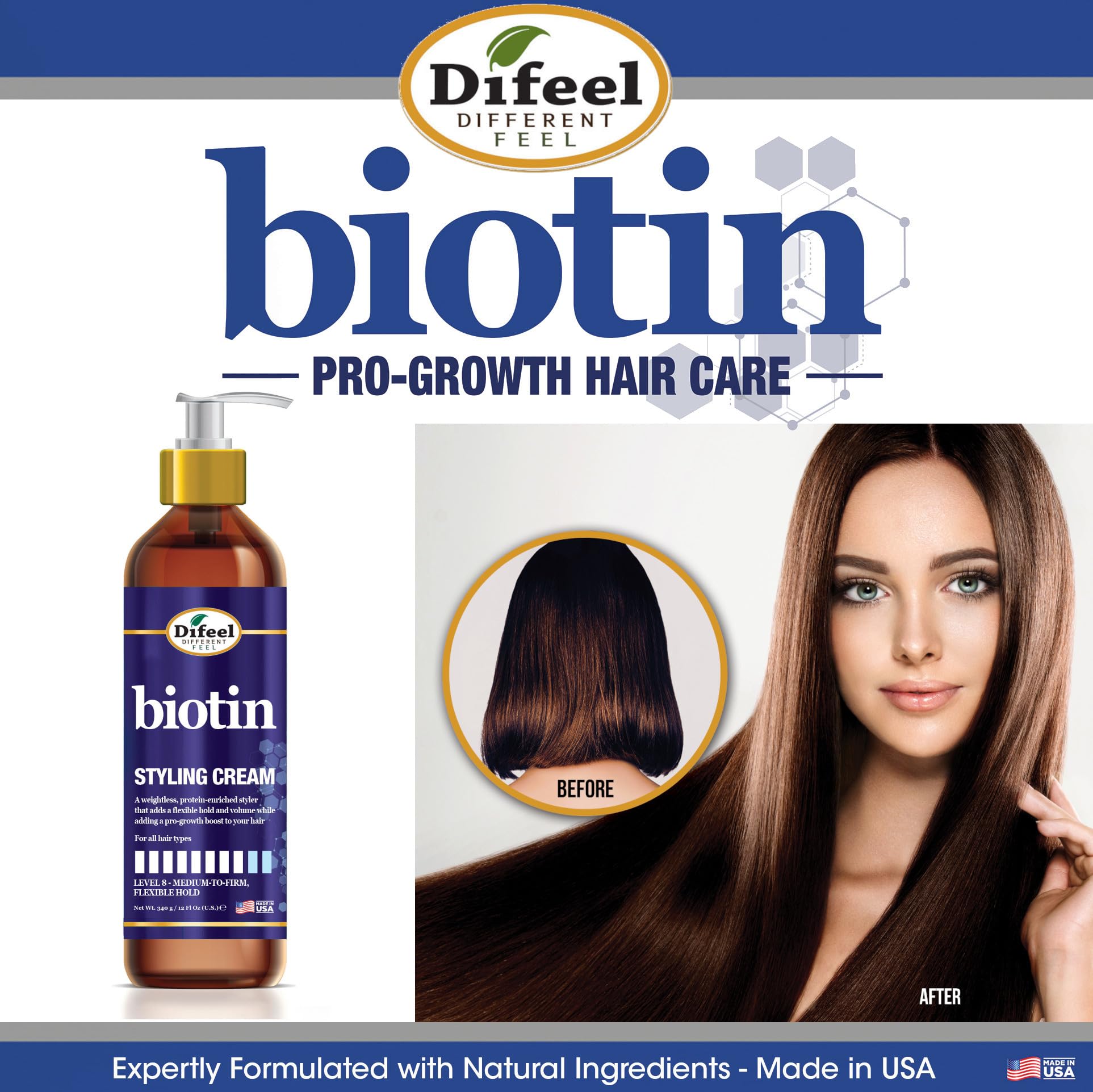 Volumizing effect from Difeel Biotin Styling Cream without stiffness.